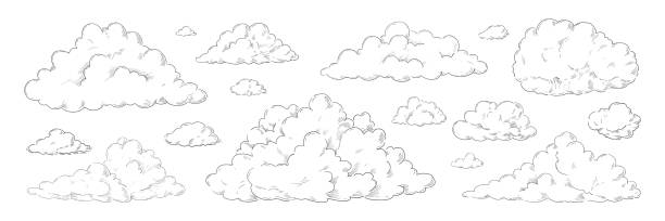Hand drawn clouds. Vintage sketch of sky background. Retro pencil detailed drawing. Cloudy black and white atmosphere shapes. Freehand cloudscape elements. Vector heaven templates set Hand drawn clouds. Vintage sketch of sky background. Retro pencil detailed drawing. Isolated cloudy black and white atmosphere shapes. Freehand graphic cloudscape elements. Vector heaven templates set cumulus clouds drawing stock illustrations
