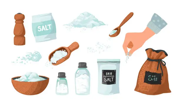 Vector illustration of Hand drawn salt. Spice powder in spoon and bowl. Hand spreading salty sea crystals. Seasoning in glass bottles and packages. White ground heaps. Vector cooking ingredient sketches set