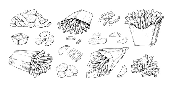 Fried potato. Hand drawn French fries. Vegetable dips and chips. Isolated black and white sketch of fast food in paper bags with sauces. Tasty unhealthy nutrition. Vector junk meal set