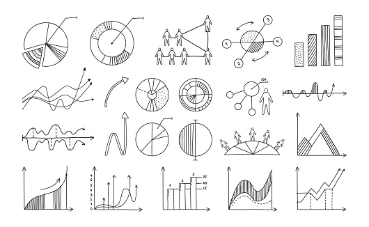 Doodle infographic. Hand drawn business graphic elements for presentation and reports. Minimalistic diagrams or schemes templates. Black and white progress bars sketches. Vector information graphs set