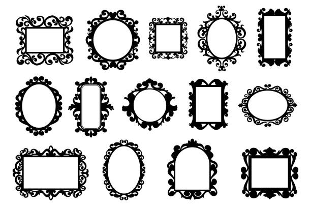 Black vintage frames. Hand drawn silhouettes of decorative square and round borders set for quotes. Elegant retro mirror and picture frameworks collection. Vector wall baroque decor Black vintage frames. Hand drawn silhouettes of decorative square and round borders set for quotes. Elegant retro mirror and picture ornate frameworks collection. Vector isolated wall baroque decor frame outline silhouette stock illustrations