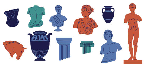 Greek abstract statue. Mythology ancient sculpture. Vase and column parts. Bright horse head. Historical busts. Isolated antique monument graphic templates. Vector doodle artwork set Greek abstract statue. Mythology ancient sculpture. Vase and column parts. Bright horse head. Historical characters busts. Isolated broken antique monument graphic templates. Vector doodle artwork set greece illustrations stock illustrations