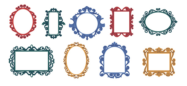 Decorative frames. Doodle trendy curly mirror borders. Elegant vintage hand drawn framing mockup. Isolated square and round colorful baroque decorations. Vector picture frameworks set