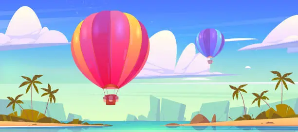 Vector illustration of Hot air balloon flying in sky over tropical island