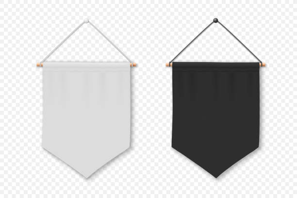 ilustraciones, imágenes clip art, dibujos animados e iconos de stock de vector 3d realista blanco y negro colgante de pared de banderín blanco y negro, plantilla de diseño, maqueta. primer plano del banderín aislado. bandera de tela vacía, banners de lienzo publicitario. juego de banderines - colgante