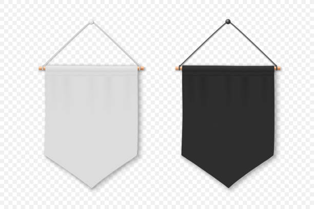 вектор 3d реалистичный пустой белый и черный вымпел настенная подвеска, шаблон дизайна, макет. вымпел крупным планом изолирован. пустой флаг - hanging stock illustrations