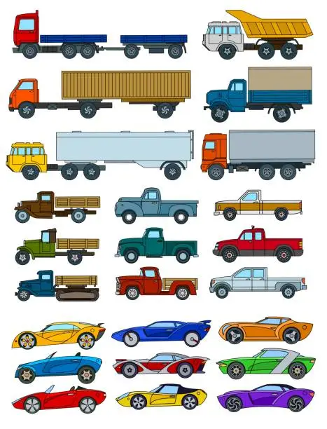 Vector illustration of Large set of colored cartoon cars. Vector illustration