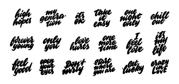 A set of stickers for social networks. Popular colloquial phrases in English. Vector illustration A set of stickers for social networks. Popular colloquial phrases in English. handwriting font not script stock illustrations