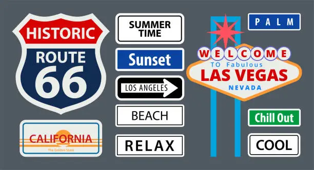 Vector illustration of A set of US road signs in flat style. Nevada, California, Sunset, Los Angeles, Route 66,Summer Time,Cool, Relax, Beach. For printing stickers on cars. Vector illustration.