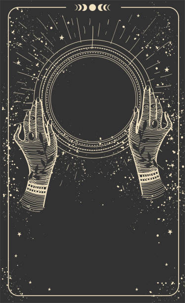 ilustrações de stock, clip art, desenhos animados e ícones de tarot card with hands and a magic ball, place for text. modern vertical card with copy space on a black background. magic mockup for astrology, prediction of the future, esoteric poster. vector illustration. - fado
