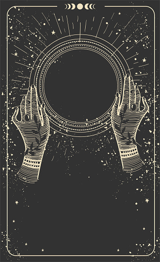 Tarot card with hands and a magic ball, place for text. Modern vertical card with copy space on a black background. Magic mockup for astrology, prediction of the future, esoteric poster. Vector illustration.