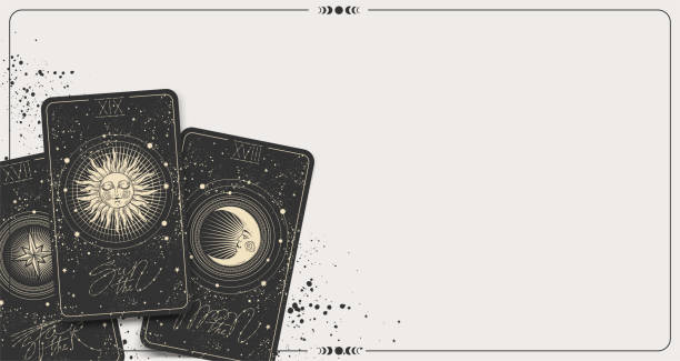 ilustrações de stock, clip art, desenhos animados e ícones de banner with tarot cards and copy space, place for text, mockup for fortune telling, astrology, zodiac. the sun, the moon, the star, deck of cards on the table, top view. vector illustration. - information medium illustrations