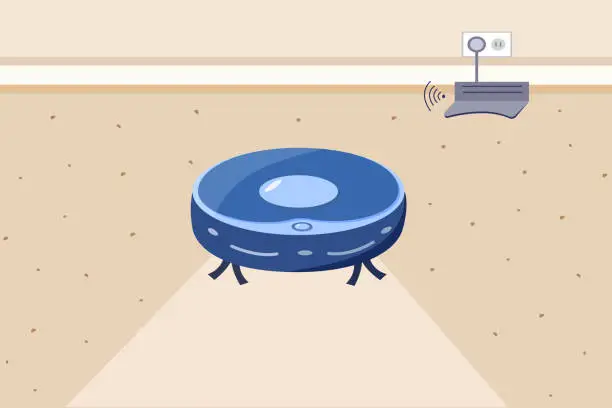 Vector illustration of robot vacuum cleaner. The interior of the room, the concept of home cleaning and automation of Household. Remote charging station. Vector illustration of a flat cartoon style.