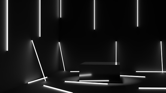 3D rendering Black podium display stand and neon lamps on black background. Black friday concept.