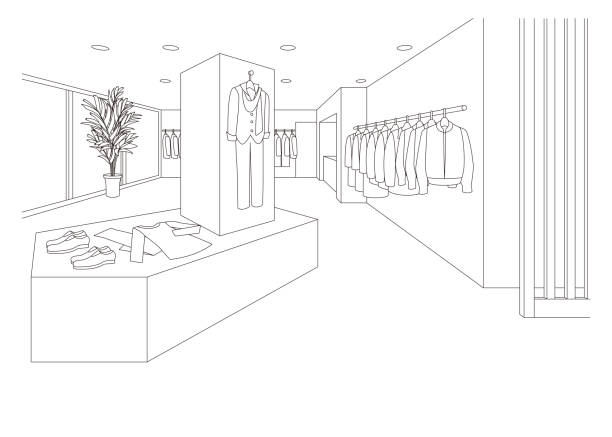 ilustrações de stock, clip art, desenhos animados e ícones de line drawing vector illustration of the boutique. - boutique fashion indoors shopping