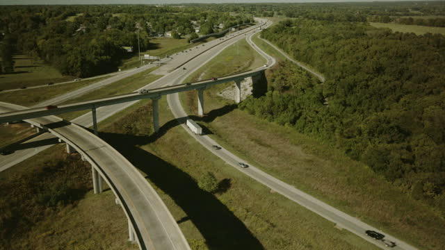 Overpass Traffic Aerial Flyover View Late Summer in Midwest Missouri USA Highway Transportation 4K Video Series
