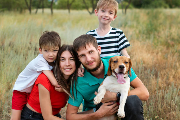 istock Family walk and training dog 1343690347