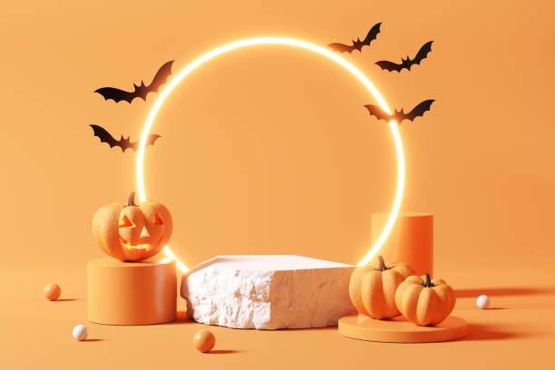 istock Stone podium and minimal abstract background for Halloween, Smiling pumpkin character with bat on circle light 1343690569