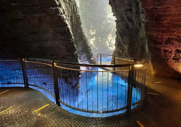 colorfull waterfall in a cave cascate del varone at riva del garda