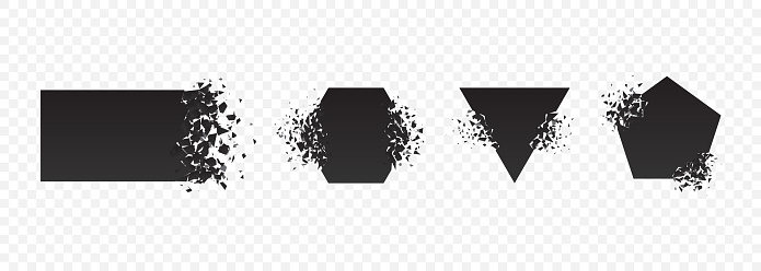 Shape explosion broken shattered flat style design vector illustration set isolated on white background. Square rhombus, rectangle, triangle, pentagon shapes in grayscale color exploding demolition.