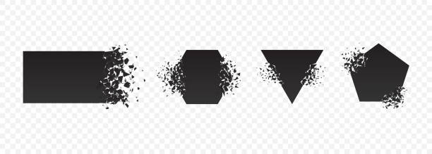 Shape explosion broken shattered flat style design vector illustration set. Shape explosion broken shattered flat style design vector illustration set isolated on white background. Square rhombus, rectangle, triangle, pentagon shapes in grayscale color exploding demolition. square cropped stock illustrations