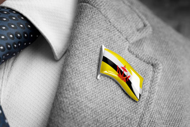 metal badge with the flag of brunei on a suit lapel - lapel brooch badge suit imagens e fotografias de stock