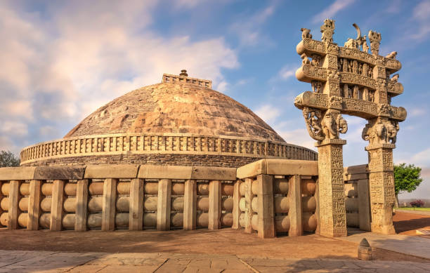 Sanchi is a Buddhist complex, famous for its Great Stupa, on a hilltop at Sanchi Town in Raisen District of the State of Madhya Pradesh, India. stock photo