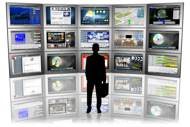3D illustration. Man in silhouettedi in front of series of tablets with various applications.
