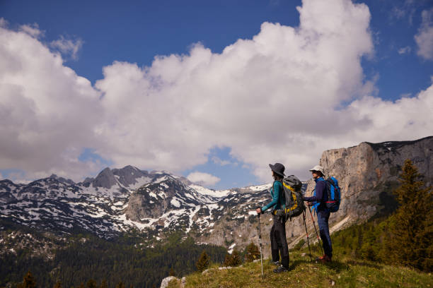 istock Hikers with backpacks relaxing and enjoying the view 1343708219
