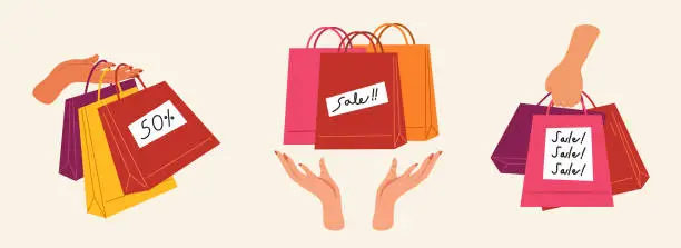 Vector illustration of Set of hand holding shopping bags. Discount promotion and special offers advertising.