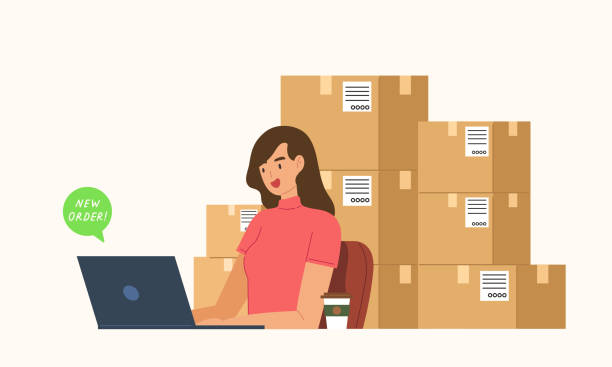 Young woman sitting and using laptop to sell products online with order packages waiting to deliver at behind. E-commerce and Online shopping. Concept of shopping online, e-commerce store, checking order. Flat vector illustration. market vendor stock illustrations