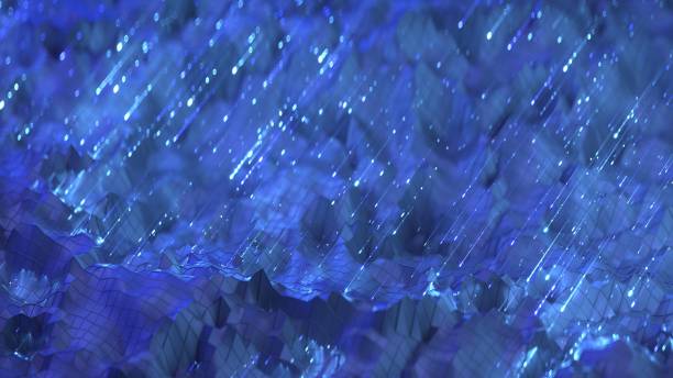 istock Blue polygonal landscape and light trails 3D rendering illustration 1343712553