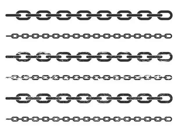 Vector illustration of Grunge Seamless chain link pattern shape. Metal, steel, iron chains silhouette border texture. Industrial symbol sign. Vector illustration image. Isolated on white background.