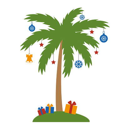 christmas palm tree with garland and gifts, color isolated vector illustration.