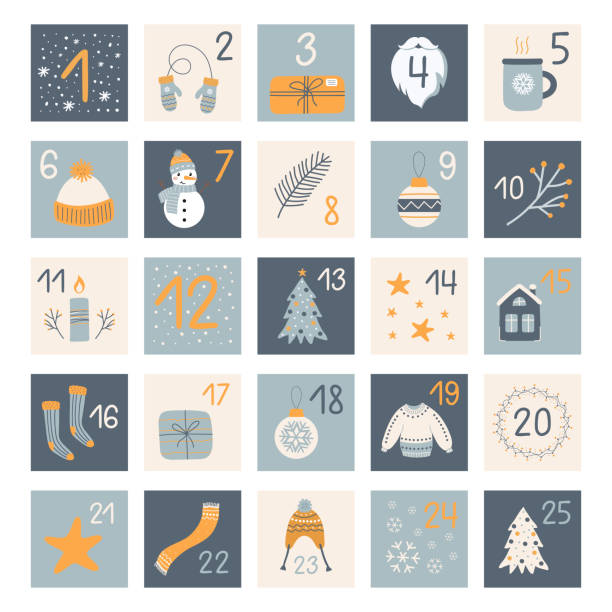 weihnachts-adventskalender mit handgezeichneten elementen in blauen und gelben farben - adventskalender stock-grafiken, -clipart, -cartoons und -symbole