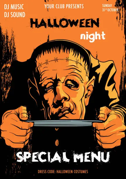 Vector illustration of Frankenstein Monster Halloween party flyer Black and Orange