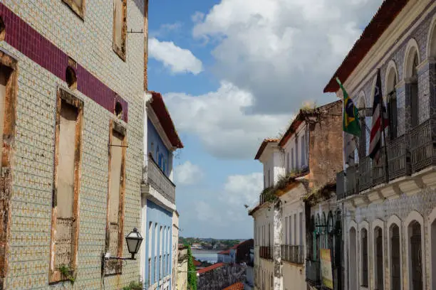 streetview of historic colonial buildings in Sao Luis downtown, Maranhao, Brazil.
