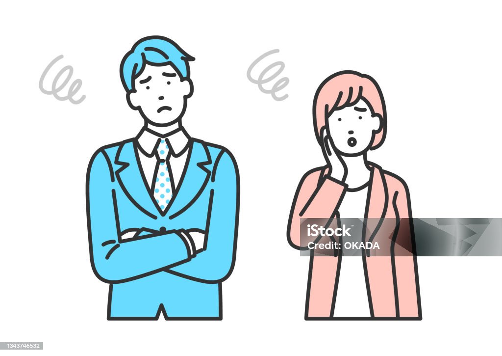 도움이 필요한 남성과 여성의 비즈니스 인원 - 로열티 프리 걱정하는 벡터 아트 도움이 필요한 남성과 여성의 비즈니스 인원 - 로열티 프리 걱정하는 벡터 아트