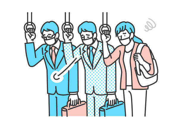 ilustrações de stock, clip art, desenhos animados e ícones de men and women in masks commuting by train - rush