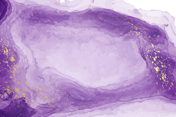 istock Watercolor background with abstract purple ink waves and golden splashes. 1343747147