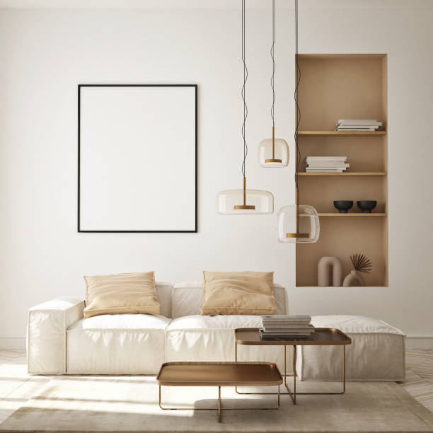 istock mock up poster frame in modern interior background, living room, Scandinavian style, 3D render, 3D illustration 1343751529
