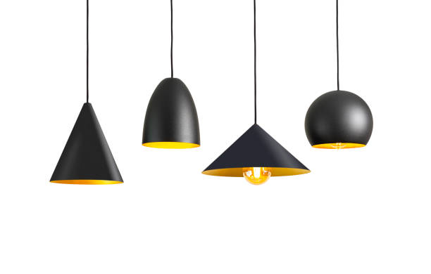 cuatro lámparas eléctricas colgantes modernas negras - decoración objeto fotografías e imágenes de stock