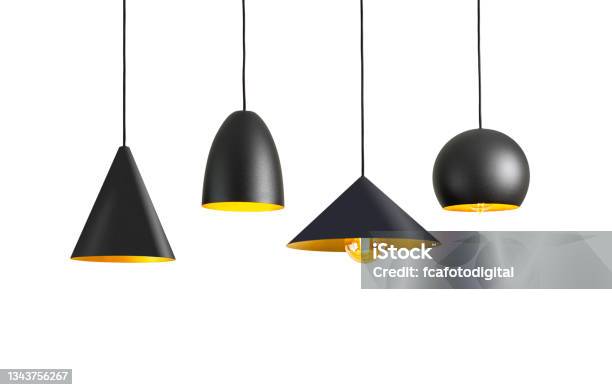 Four Black Modern Pendant Electric Lamps Stock Photo - Download Image Now - Electric Lamp, Pendant Light, Lighting Equipment
