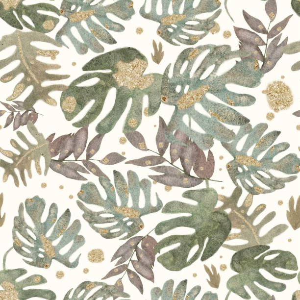 istock Palm leaves with gold elements in watercolor style on white background. Beautiful tropical exotic foliage seamless pattern. Summer tropical leaf. Watercolor illustration 1343756889
