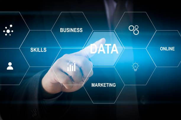 istock Man hand touching data word with icon business virtual screen concept. 1343761746