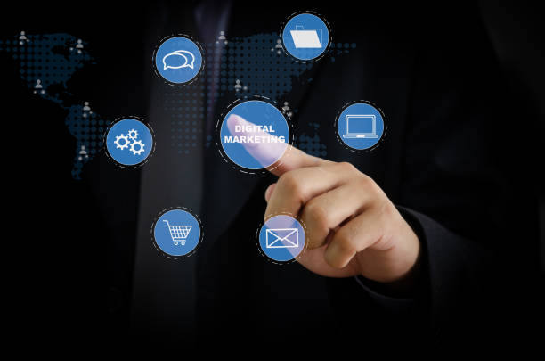 istock Hand touching digital virtual screen marketing concept icon business. 1343761749
