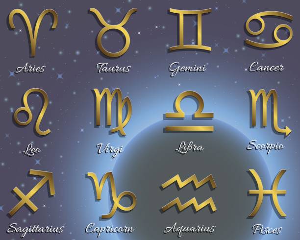 istock zodiac symbols, gold icons with shadow on the sky 1343762033