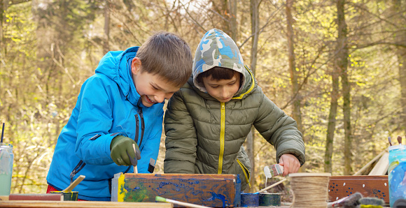 Boys colouring wooden box with brush in forest.