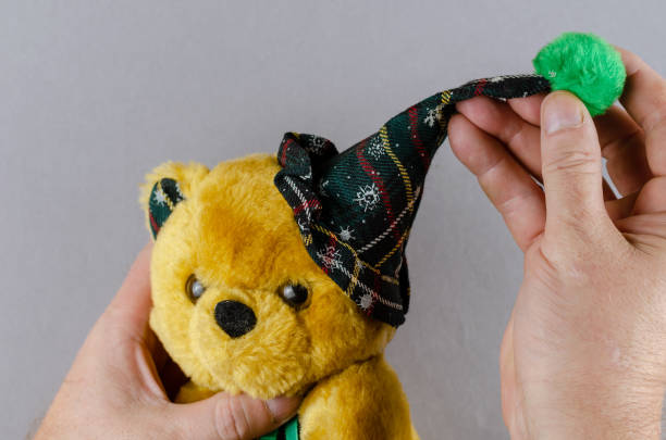 istock Two hands hold a soft toy bear with a green balabong hat. A man 1343766979