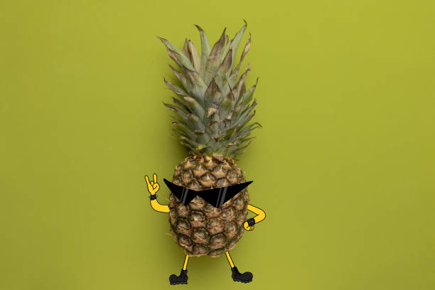 Contemporary art collage of cool pineaple, rock singer isolated over green background. Drawn body pieces